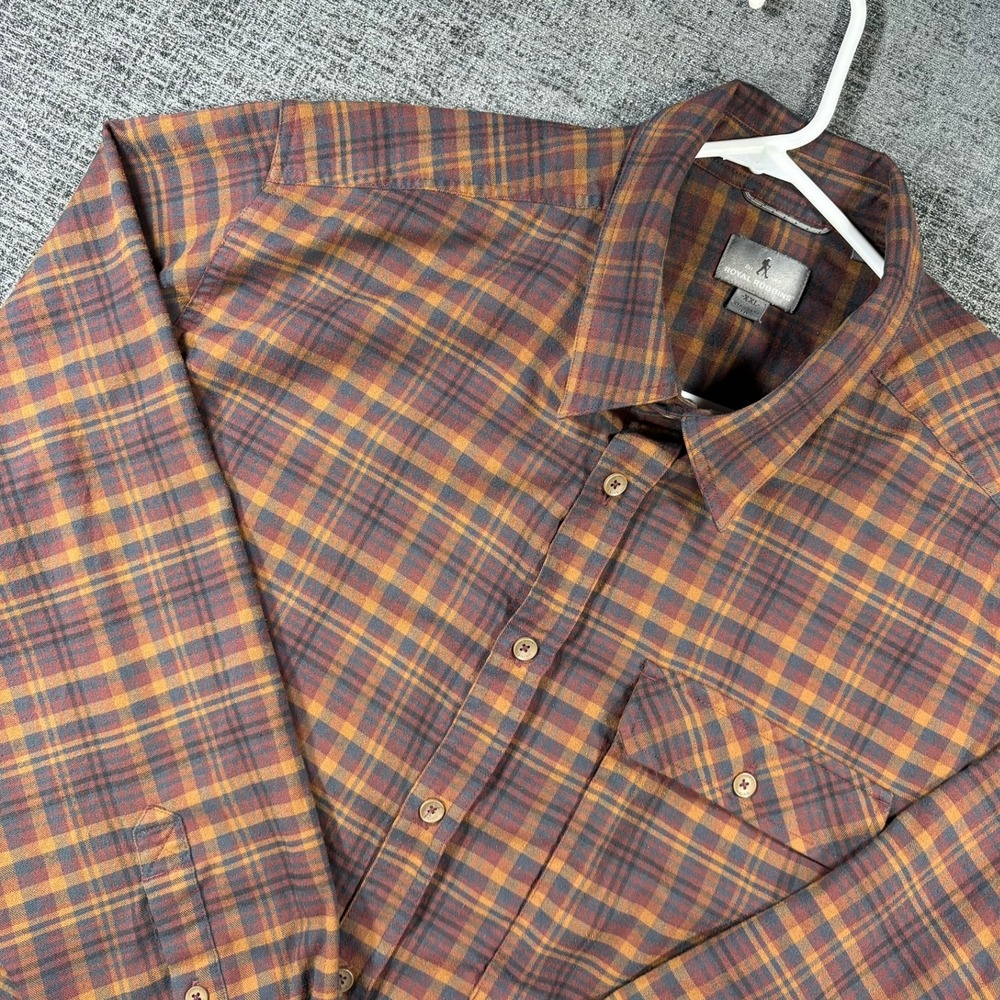 Royal Robbins Button Down Mens XXL Orange Brown Plaid Long Sleeve 42378 Stretch